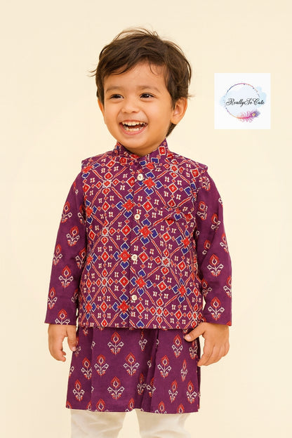 Boys' patola purple kurta pajama with jacket, cotton kurta pajama