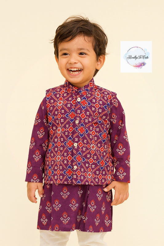 Boys' patola purple kurta pajama with jacket, cotton kurta pajama