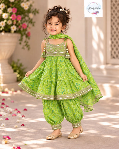 Green Bandhani Muslin Cotton Afghan Salwar Set, sibling combo