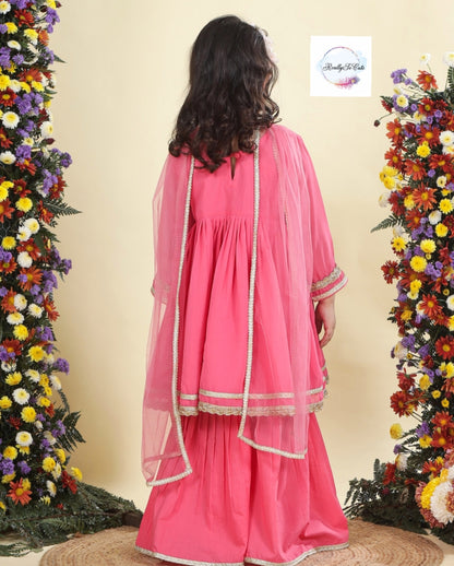 Coral Girls 3 piece sharara Kurti set, Soft Georgette kurti sharara set