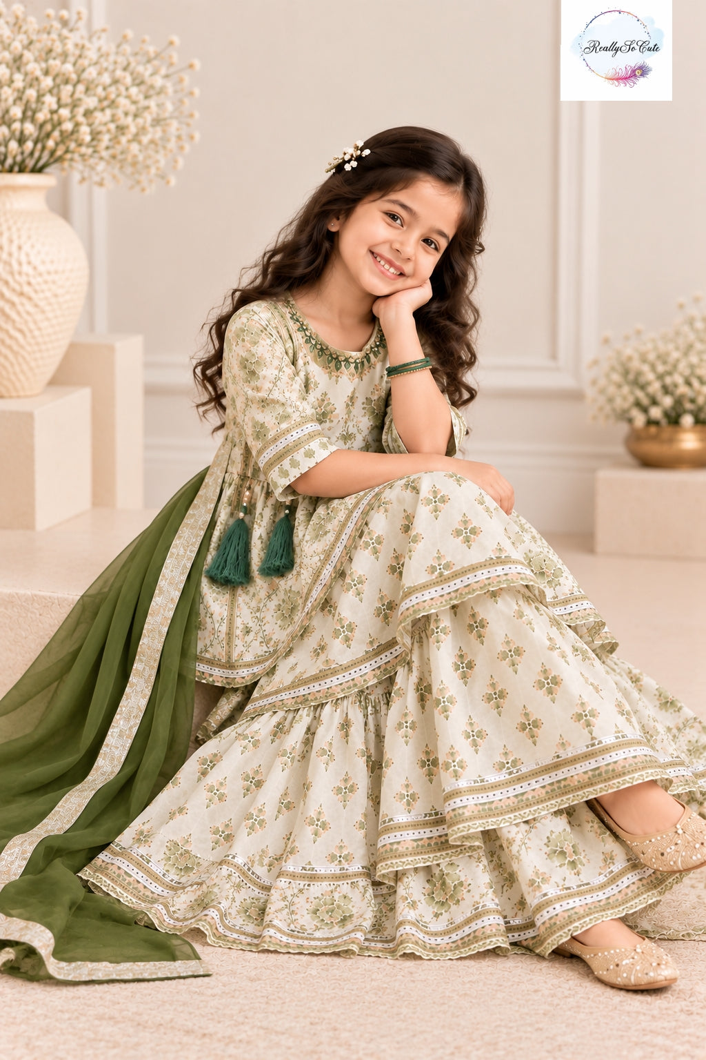 Girls Ivory & Olive Green Pure Cotton Sharara Set with Dupatta | Kids Ethnic Wear
