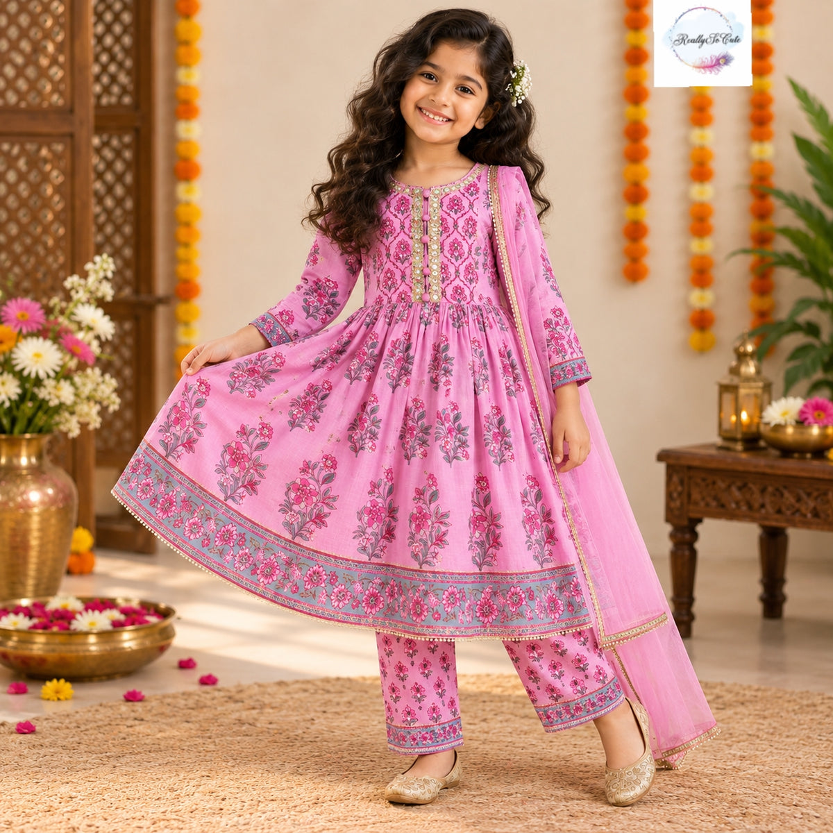 Pink Floral Pure Cotton Anarkali Set with Dupatta – Girls