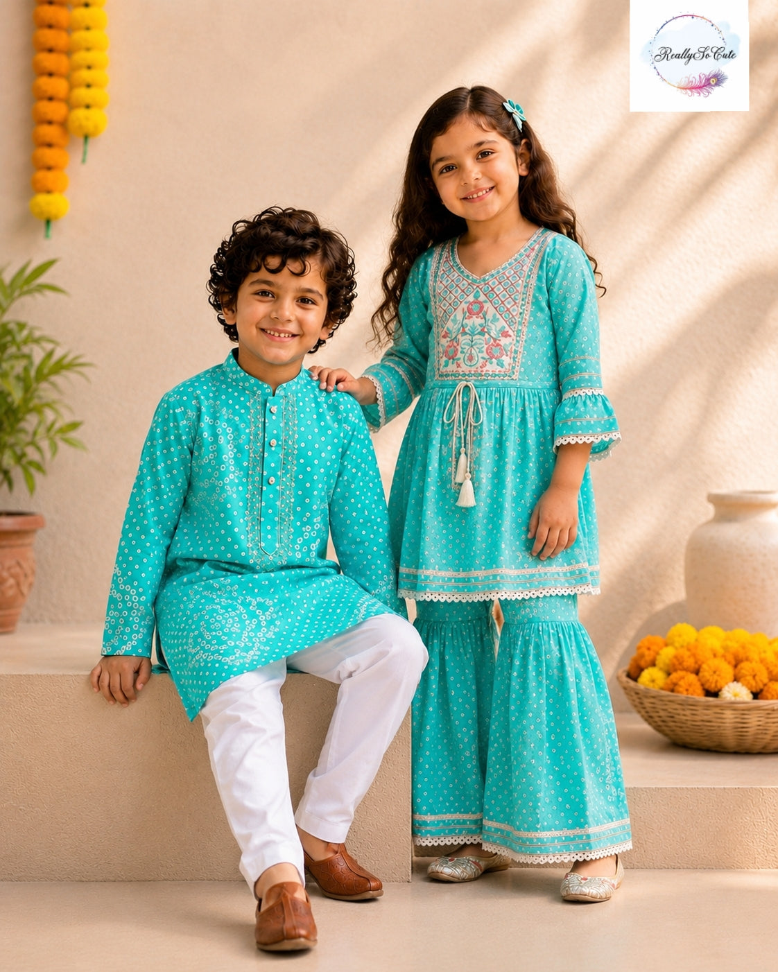Aqua Blue Pure Cotton Girls Sharara Set |