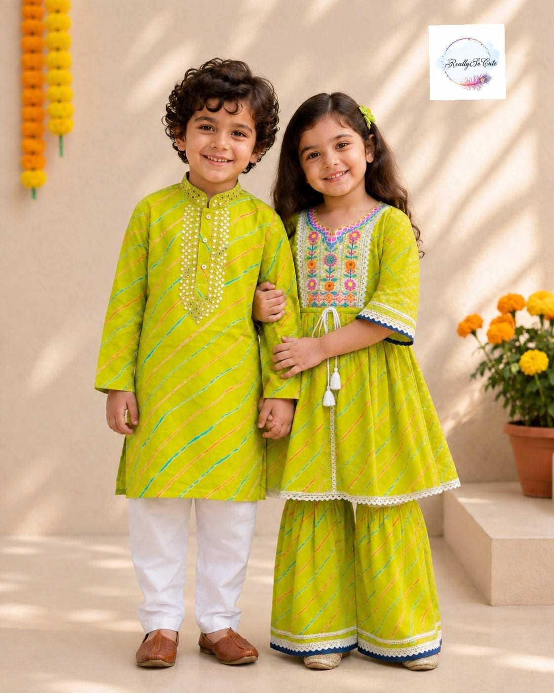 Lime Leheriya Pure Cotton Girls Sharara Set