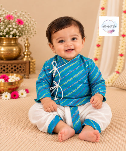 Blue Leheriya Print Pure Cotton Angrakha Kurta & Dhoti Set | 0–2Y