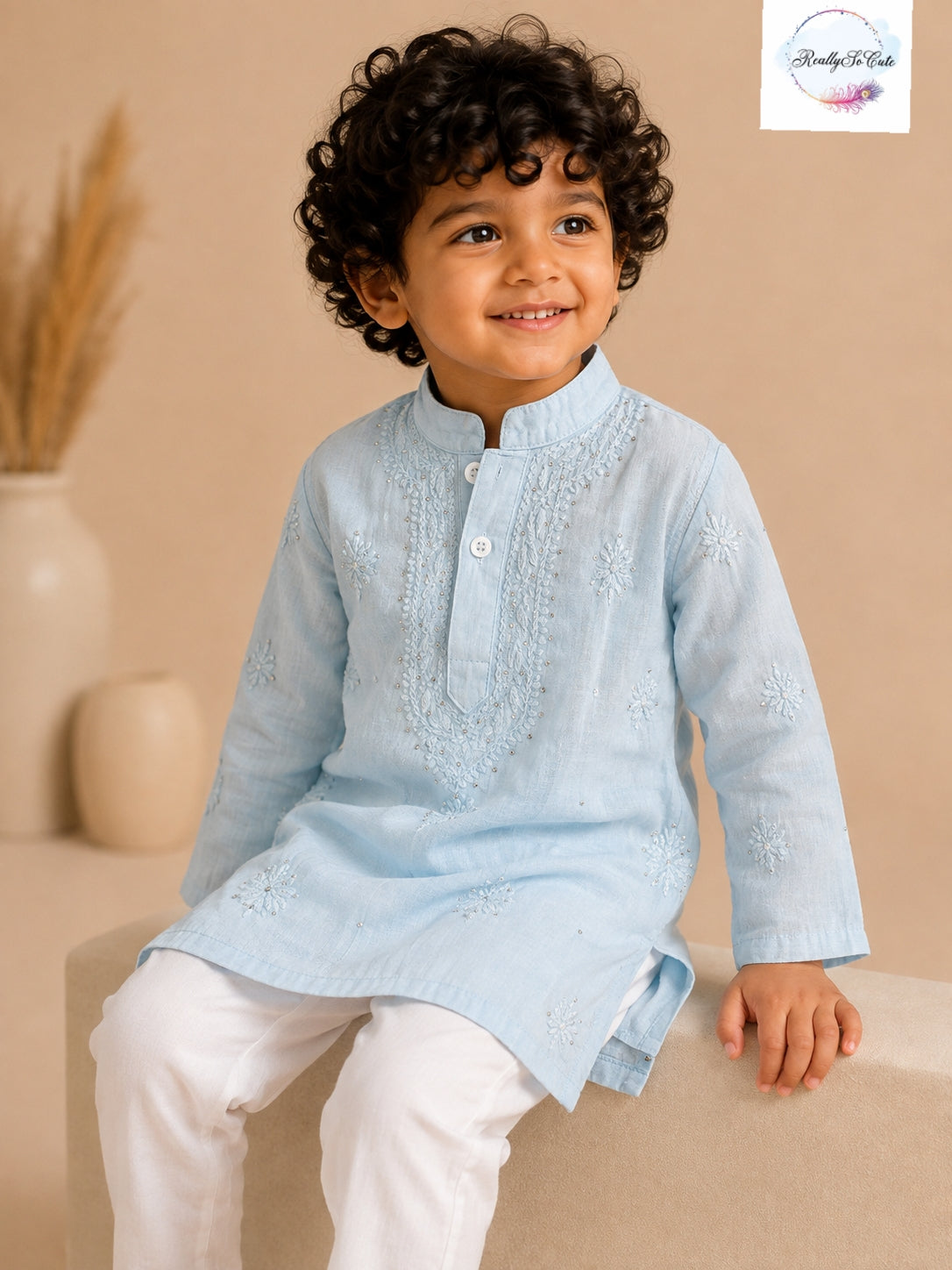 Boys Powder Blue Handwork Chikankari Kurta Pajama Set | Pure Cotton