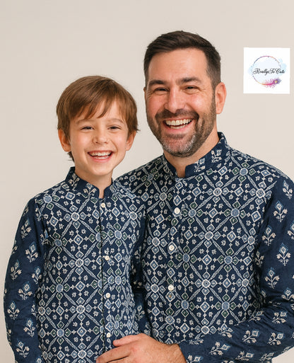 Men's patola print cotton kurta pajama, blue kurta set with jacket