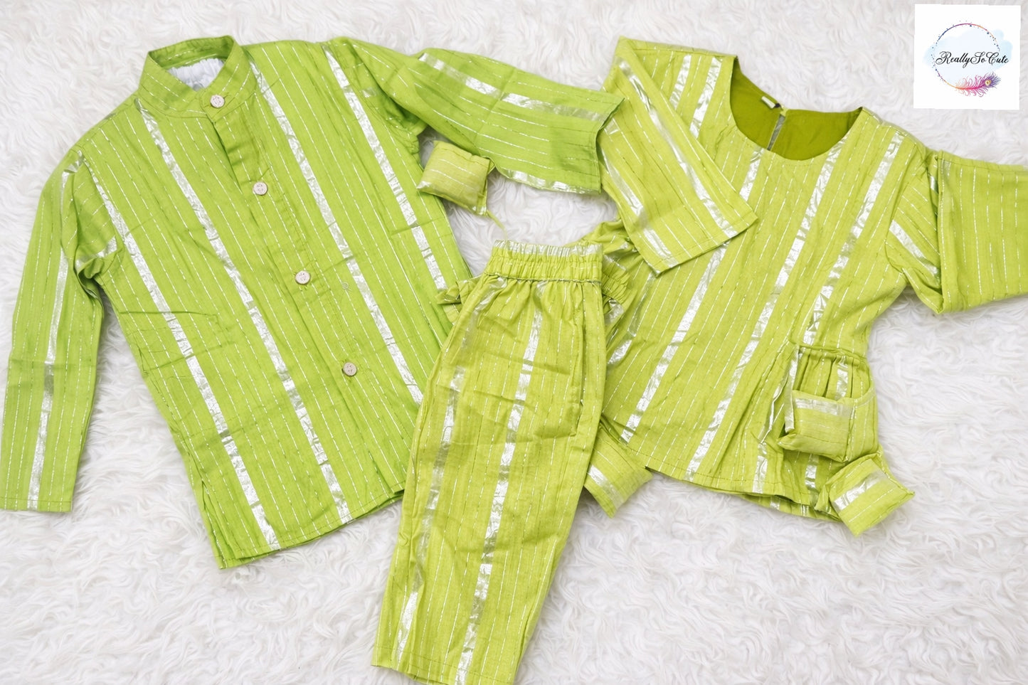 Boys' Green sherwani style kurta pajama, cotton kurta pajama,  Coordinated sibling Combo