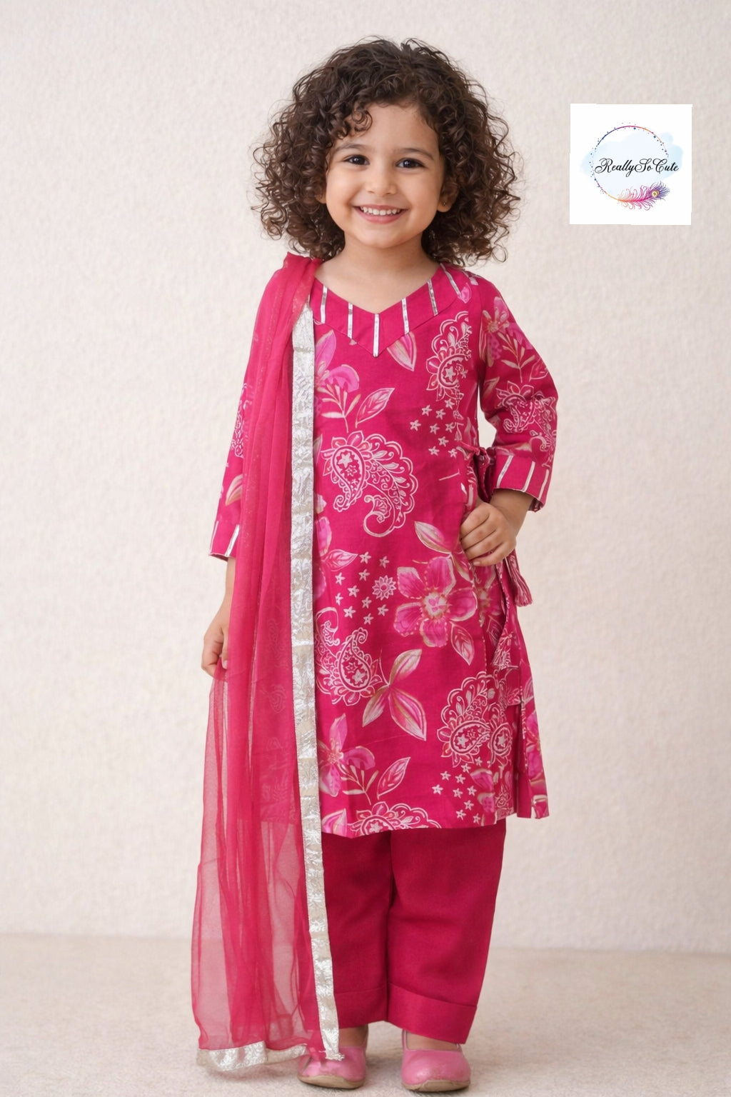 Floral Muslin Sharara Set for Girls | Soft & Breathable Ethnic Wear 3M–15Y, Hot pink kurti sharara set
