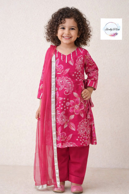 Floral Muslin Sharara Set for Girls | Soft & Breathable Ethnic Wear 3M–15Y, Hot pink kurti sharara set