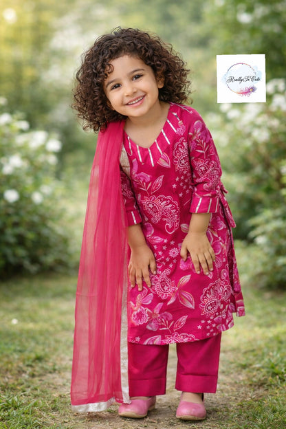 Floral Muslin Sharara Set for Girls | Soft & Breathable Ethnic Wear 3M–15Y, Hot pink kurti sharara set