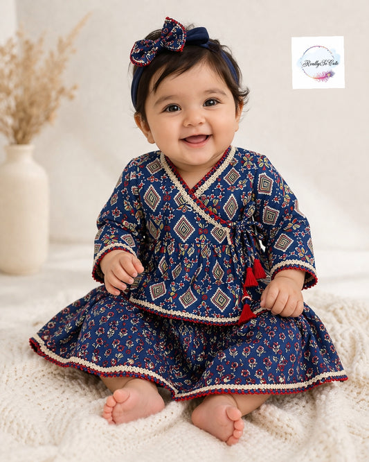 Blue Cotton Baby Lehenga Set with Angarakha Wrap Top (0–2Y)
