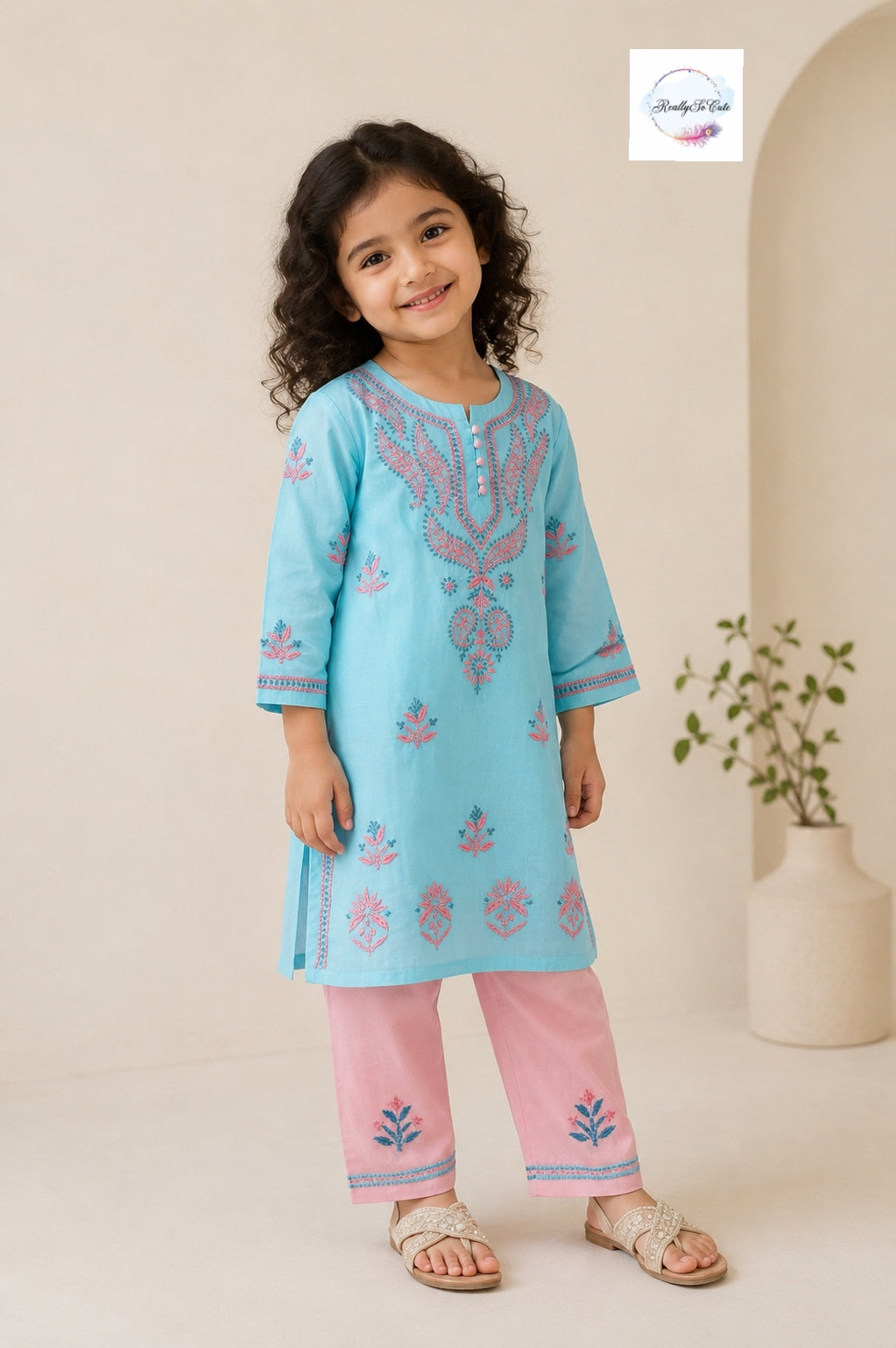 Girls Aqua Blue Handwork Chikankari Pure Cotton Kurta Pant Set