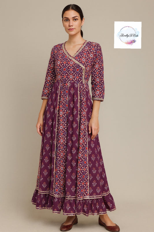Purpke anarkali kurti pant set, patola women set