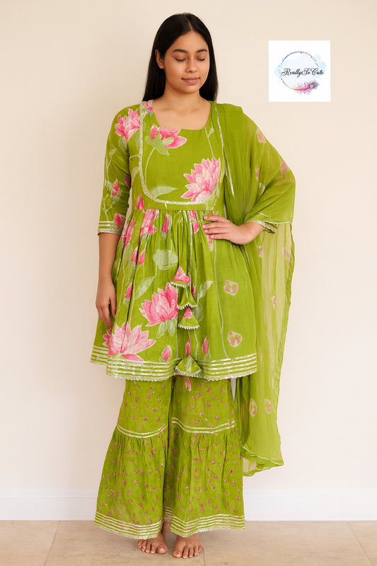 Green pichwai sharara set, kurti sharara women