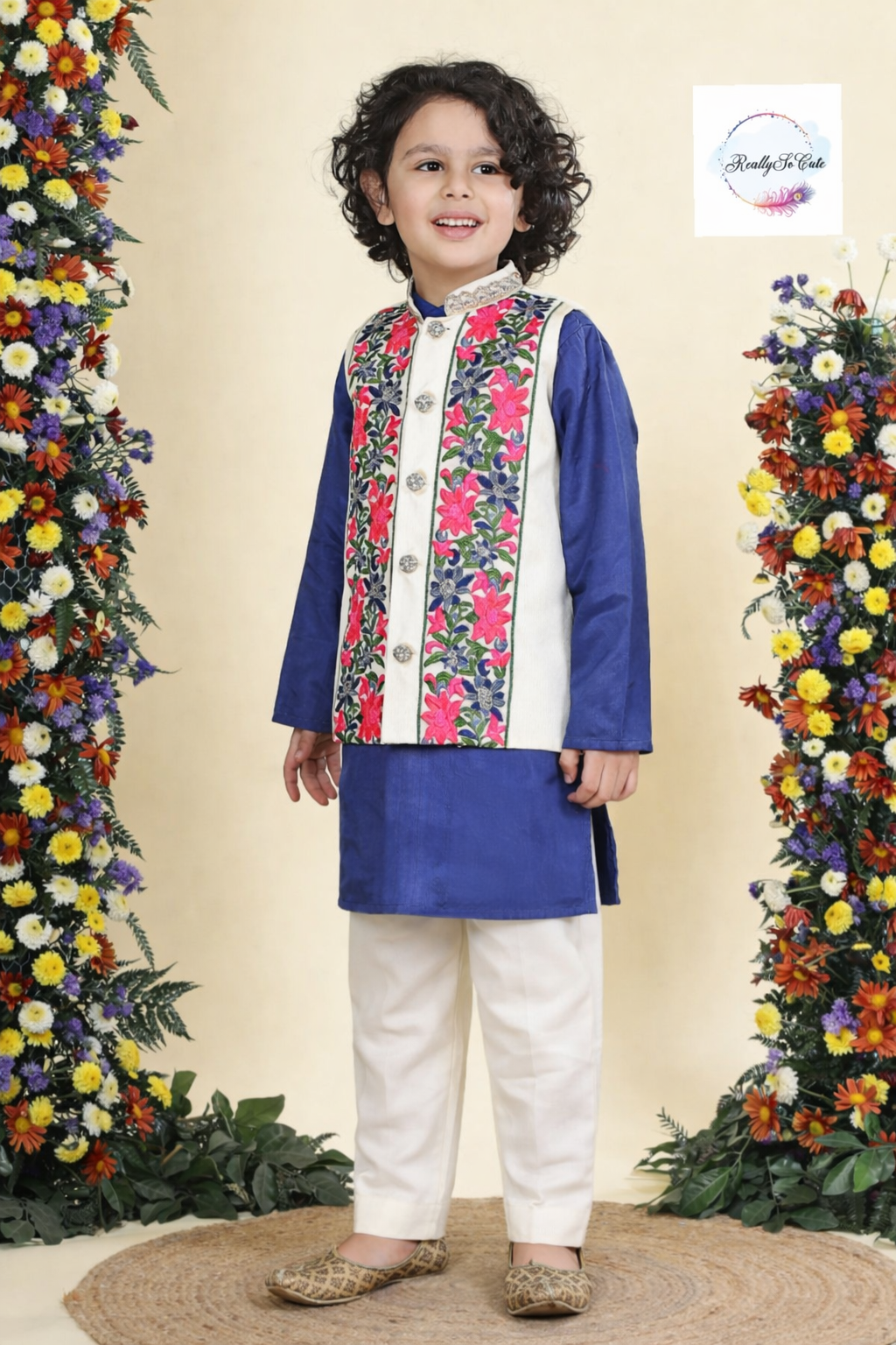 Royal Bloom Chanderi Silk Kurta Set for Boys – Ivory Floral Jacket & Pajama | Sibling Combo Available