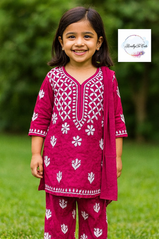 Little Girls Chikankari Kurtis sharara Set, Girls Festival Dress Set, modal Chikankari Dress Girls