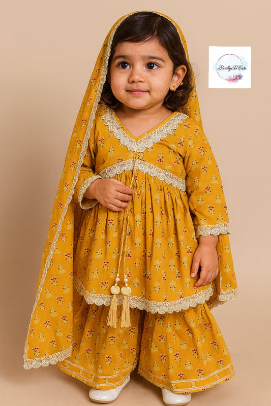 Girl Sharara kurti Set/  soft cotton kurta salwar set, mustard kurti sharara