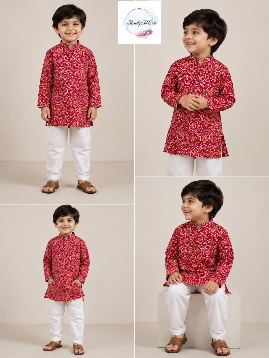 Red Bandhani Print Boys Kurta Pajama Set in Soft Cotton, Kids Bandhani Outfit USA