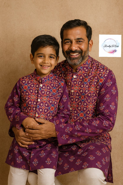 Men's patola print cotton kurta pajama, purple kurta set with jacket