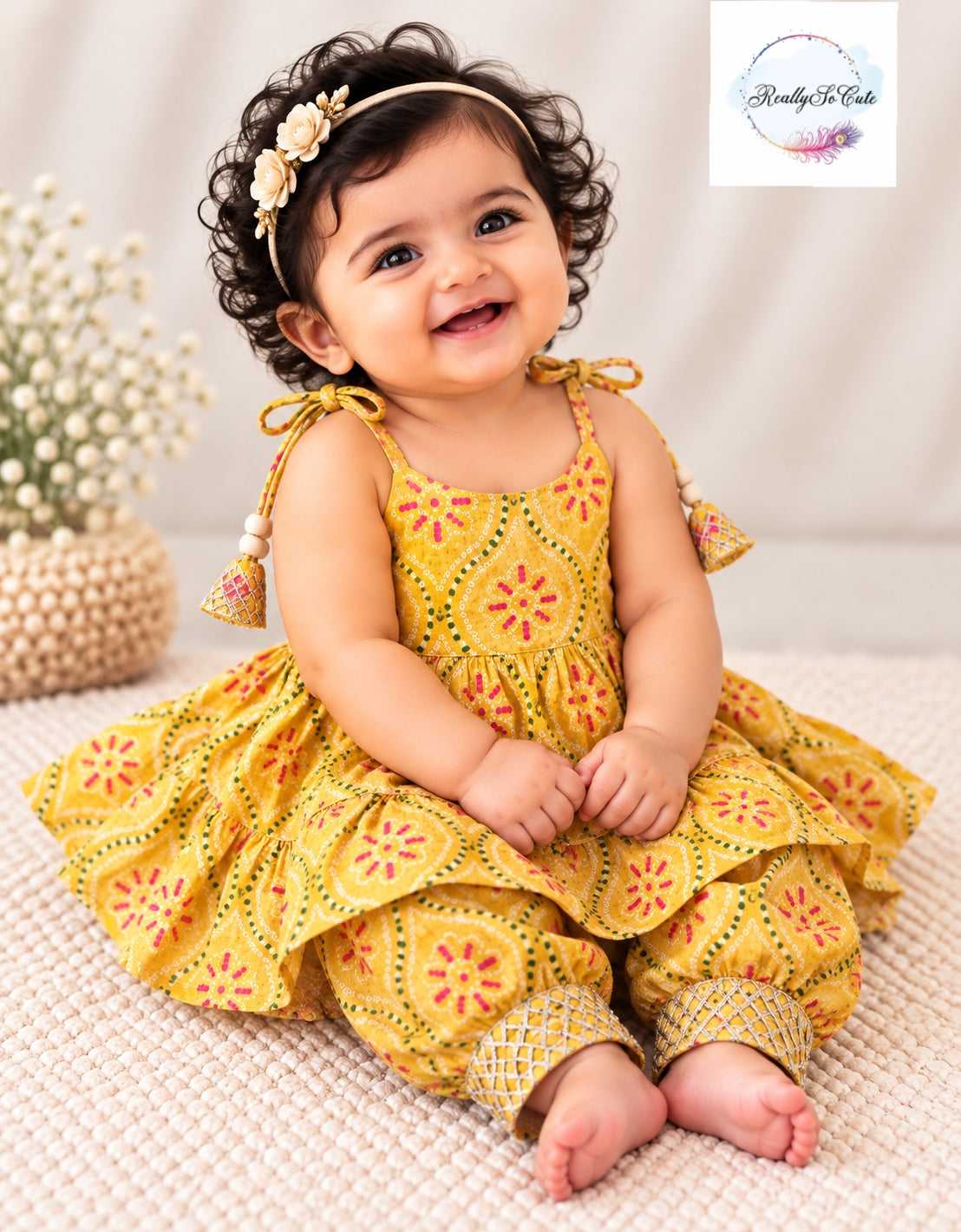 Baby Girls Multicolor yellow Bandhani Ethnic Wear Sets | 0–6 Months