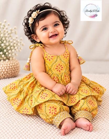 Baby Girls Multicolor yellow Bandhani Ethnic Wear Sets | 0–6 Months