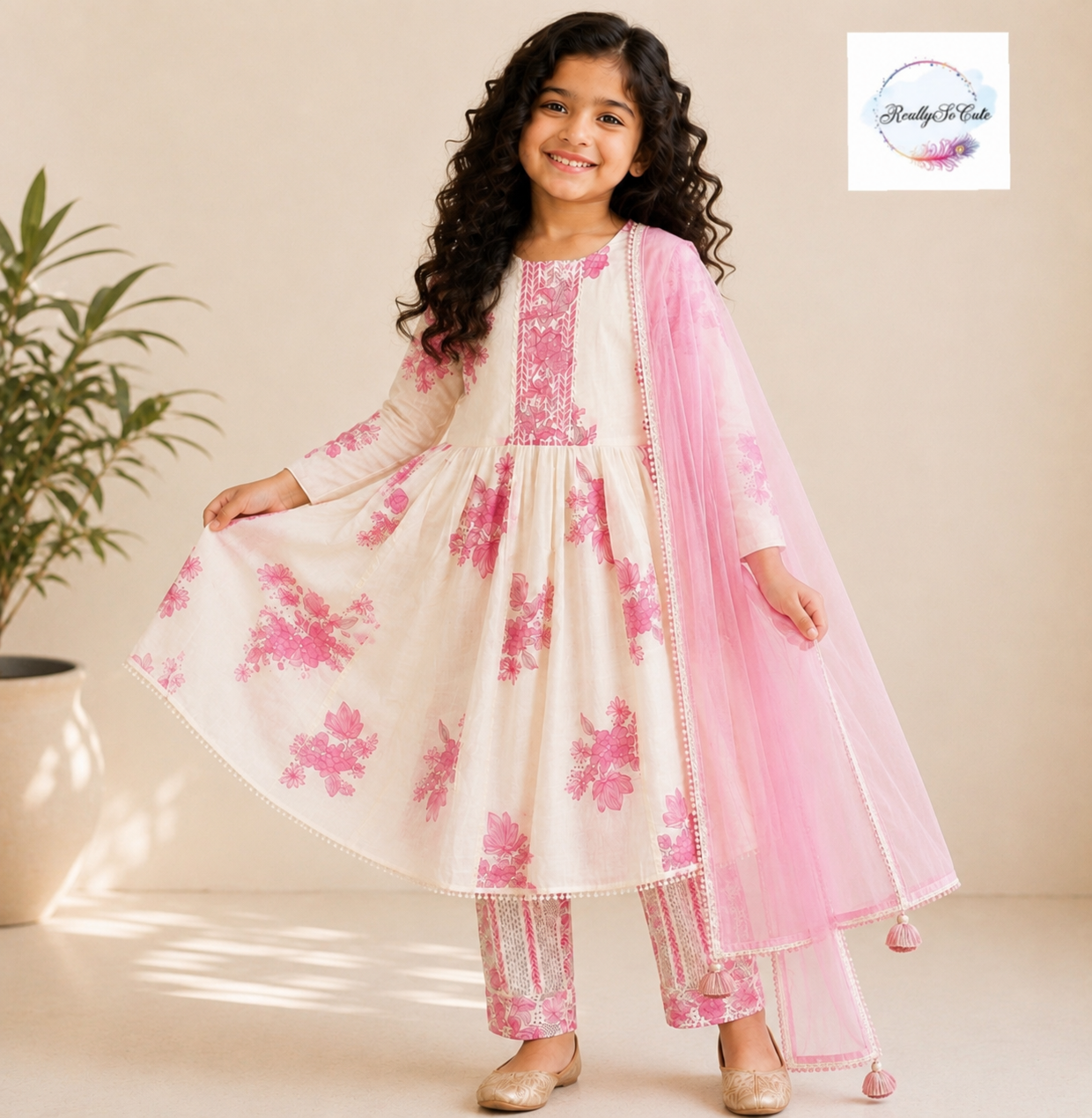 Ivory & Pink Floral Pure Cotton Girls Anarkali Set with Dupatta