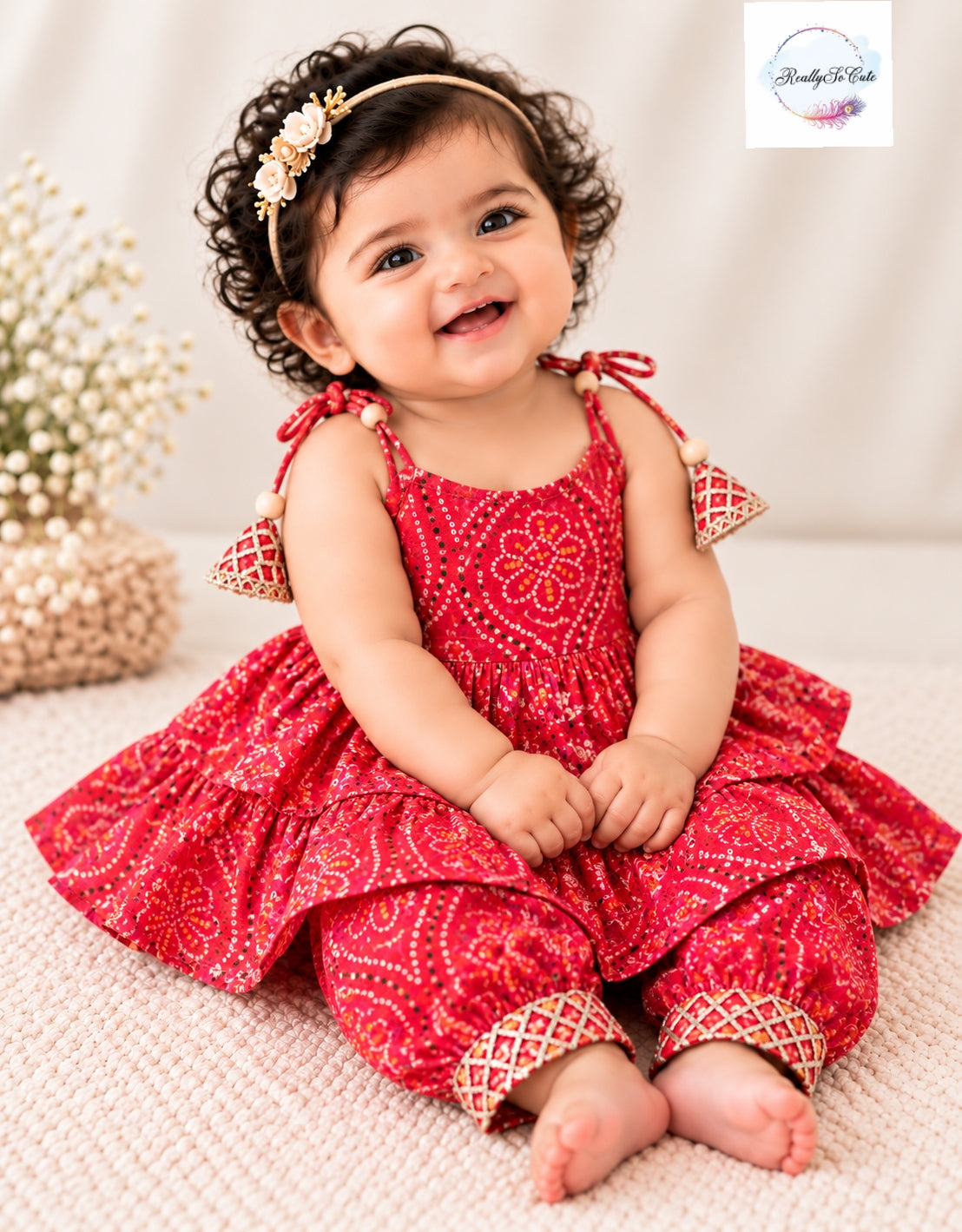 Baby Girls Multicolor Red Bandhani Ethnic Wear Sets | 0–6 Months