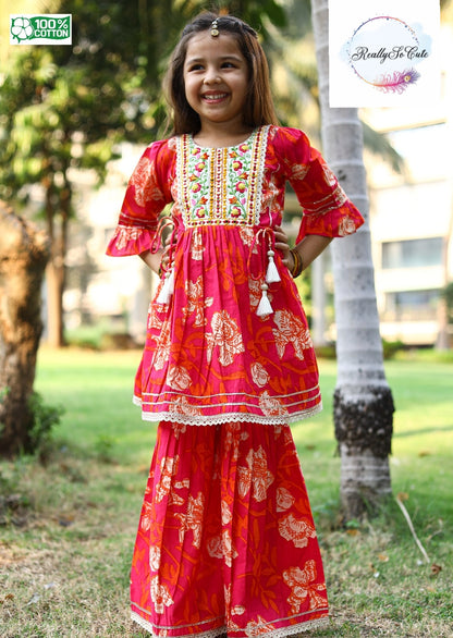 Dark pink Floral Cotton Sharara Set for Girls | Embroidered Ethnic Wear with Tassel Tie | Sizes 3M–10 Years |