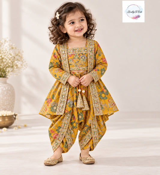 Mustard Yellow Floral Embroidered Dhoti Pant Set for Girls | 3-Piece Ethnic Wear