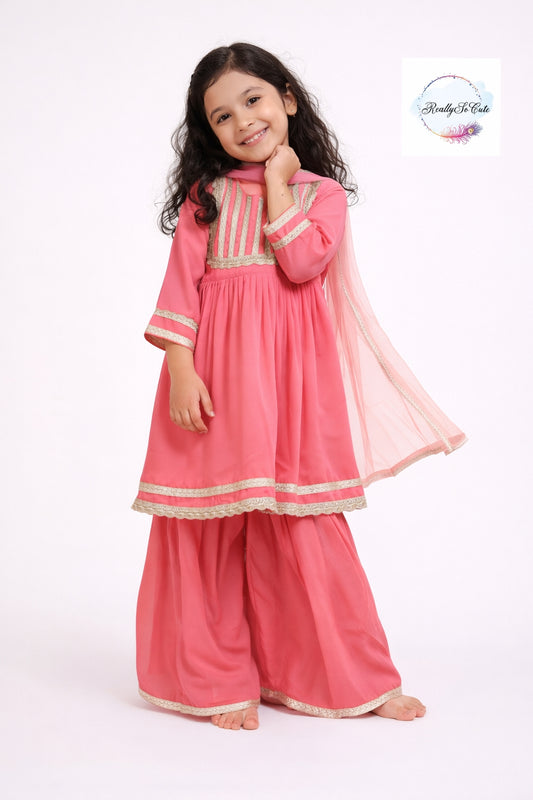 Coral Girls 3 piece sharara Kurti set, Soft Georgette kurti sharara set