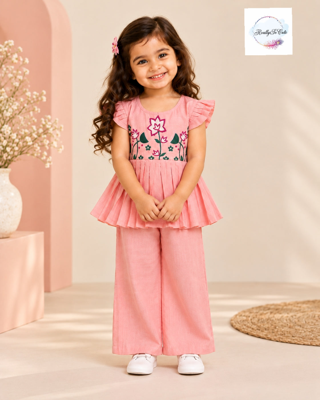 Girls Pink Floral Embroidered Chanderi Muslin Peplum Top & Pant Set