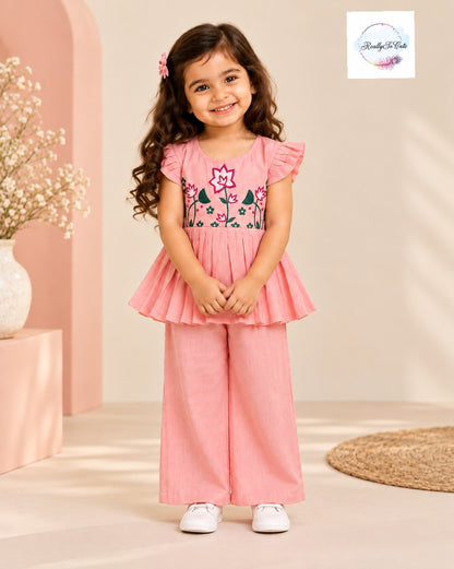 Girls Pink Floral Embroidered Chanderi Muslin Peplum Top & Pant Set