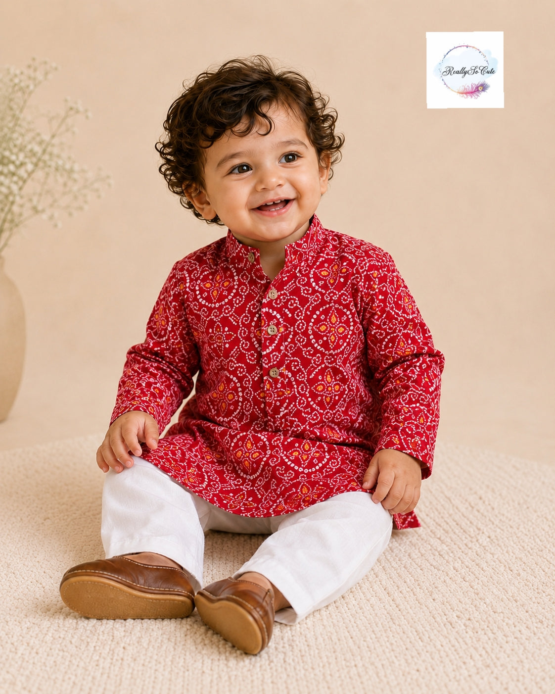 Red Bandhani Print Boys Kurta Pajama Set in Soft Cotton, Kids Bandhani Outfit USA