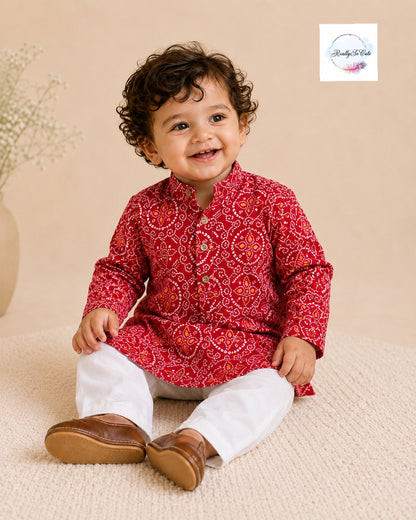 Red Bandhani Print Boys Kurta Pajama Set in Soft Cotton, Kids Bandhani Outfit USA