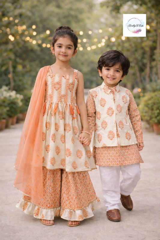 Peach Cotton Ethnic Girl Set | Soft Festive Indian Outfit for Kids (Girl set only)block print set