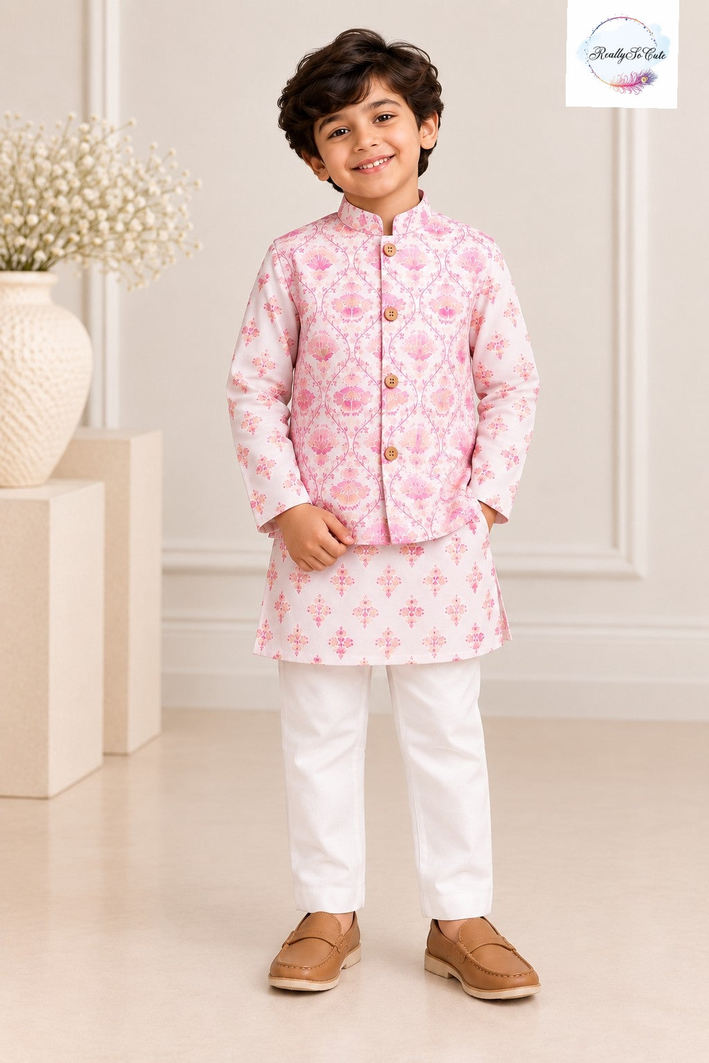 Boys Floral Pure Cotton Kurta Pajama with Nehru Jacket | Kids Ethnic Wear