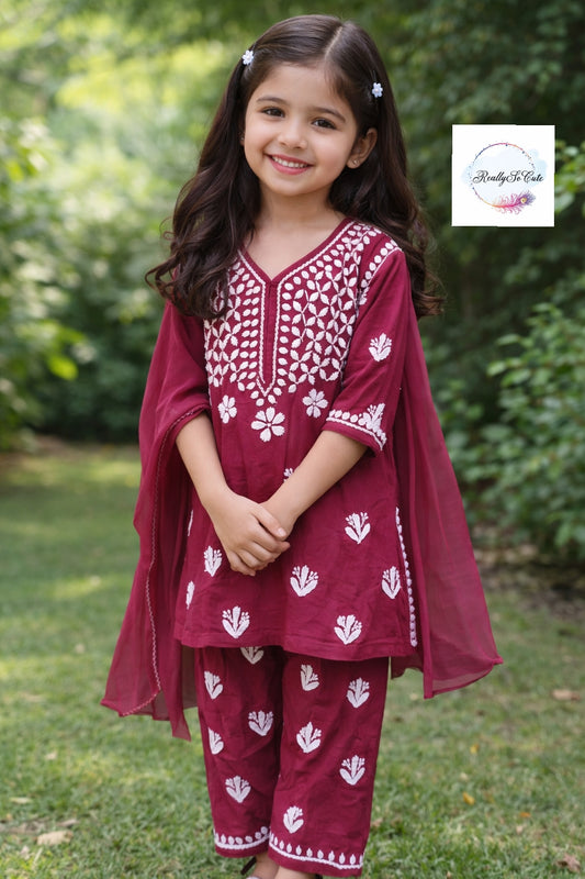 Little Girls Chikankari Kurtis sharara Set, Girls Festival Dress Set, modal Chikankari Dress Girls, No dupatta