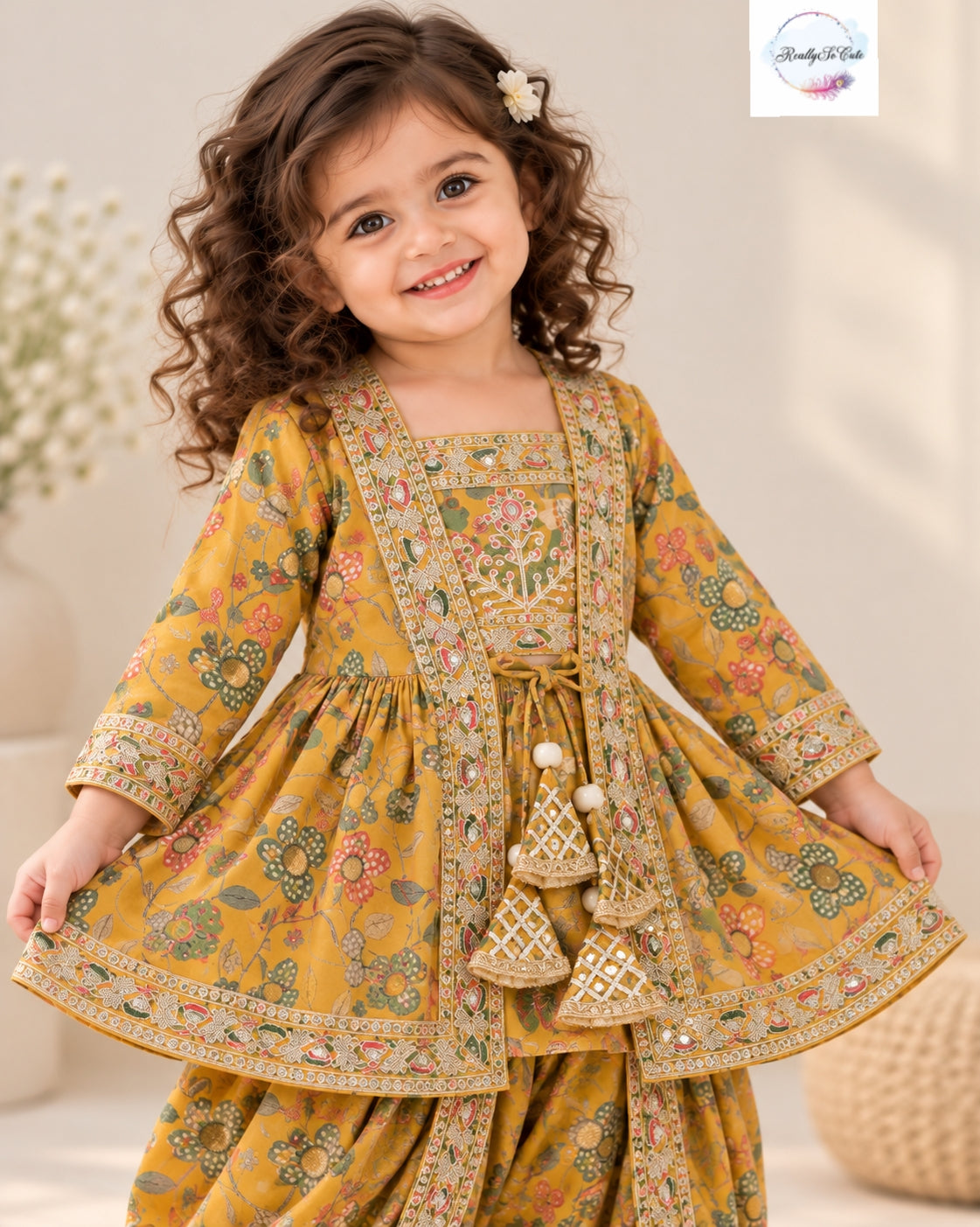 Mustard Yellow Floral Embroidered Dhoti Pant Set for Girls | 3-Piece Ethnic Wear