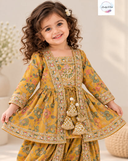 Mustard Yellow Floral Embroidered Dhoti Pant Set for Girls | 3-Piece Ethnic Wear