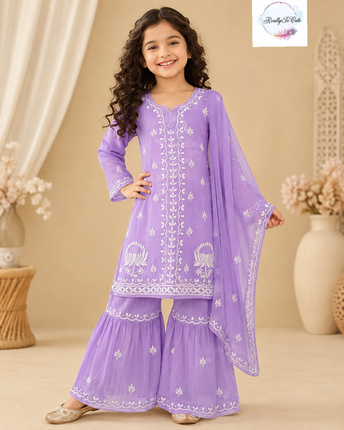 Girls Purple Pure Georgette 4-Piece Handwork Chikankari Sharara Set