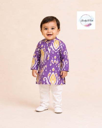 Purple Ikat Print Pure Cotton Kurta Pajama Set for Boys |Co-Ord set,  Kids Ethnic Wear | 3M–14Y