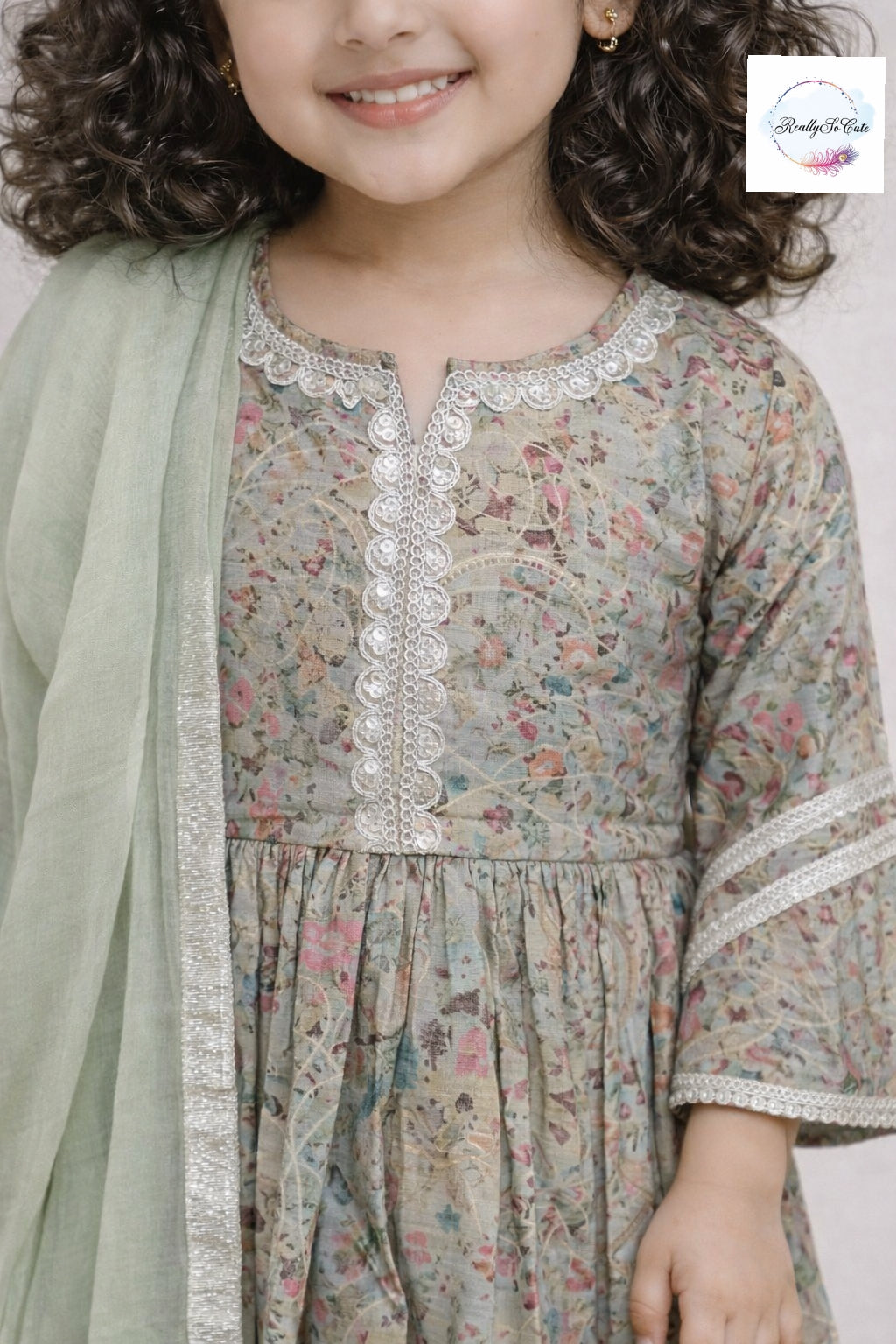 Sage green Muslin Kurta Set for Girls with Pockets | Soft Floral Ethnic Wear (3M–14Y)