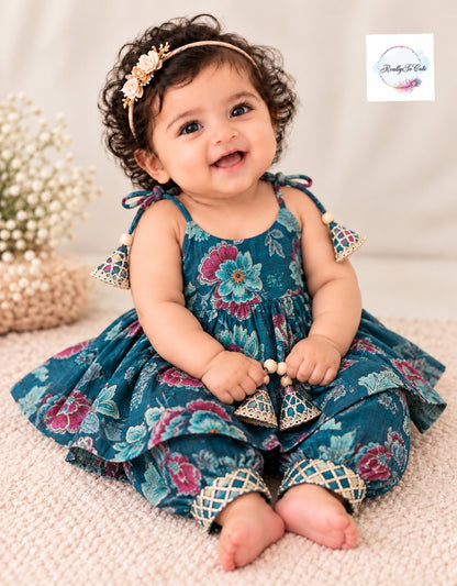 Baby Girls Teal Floral Ethnic Wear Set | Kurti Sharara & Peplum Salwar Styles 0-6 months