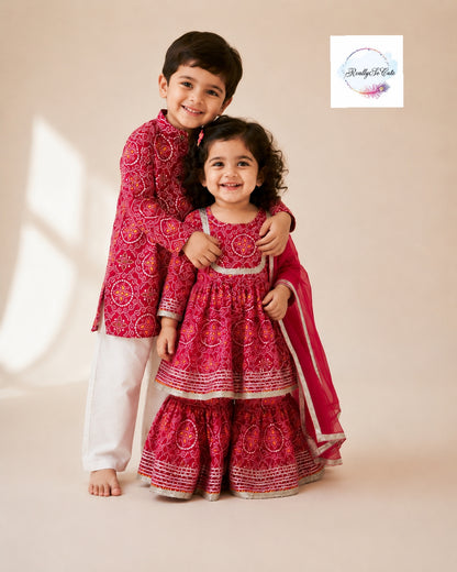 Red Bandhani Print Boys Kurta Pajama Set in Soft Cotton, Kids Bandhani Outfit USA
