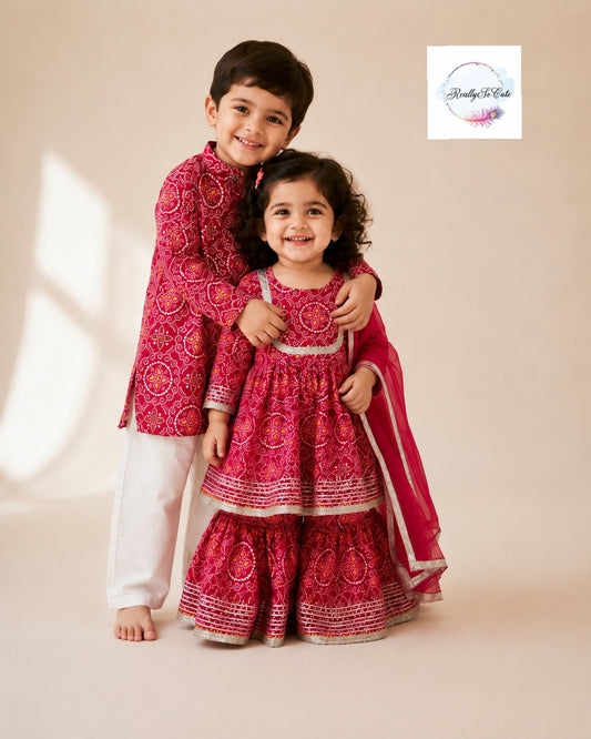 Red Bandhani Print Boys Kurta Pajama Set in Soft Cotton