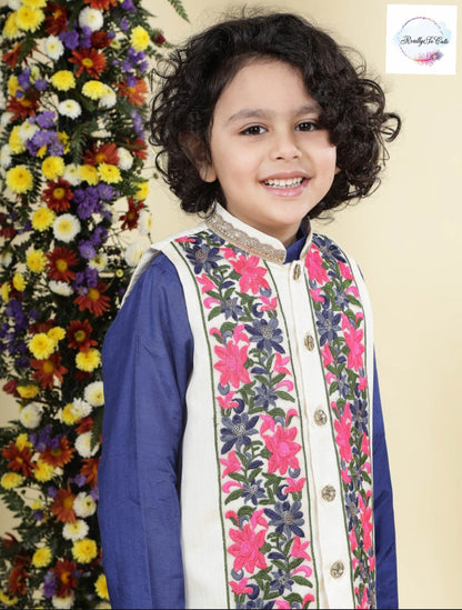 Royal Bloom Chanderi Silk Kurta Set for Boys – Ivory Floral Jacket & Pajama | Sibling Combo Available