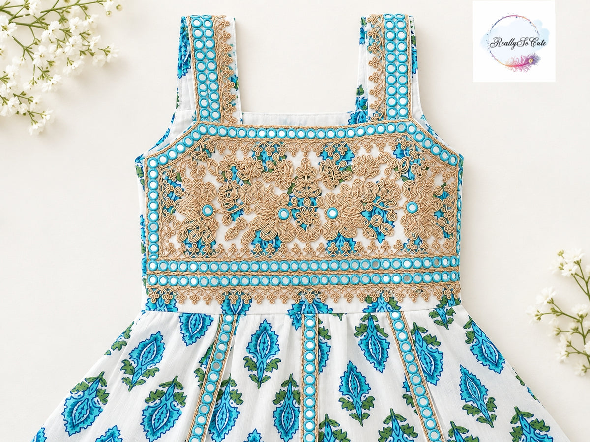 Girls  Floral Print Pure Cotton Kurti & Pant Set with Mirror Work | 1–5 Years