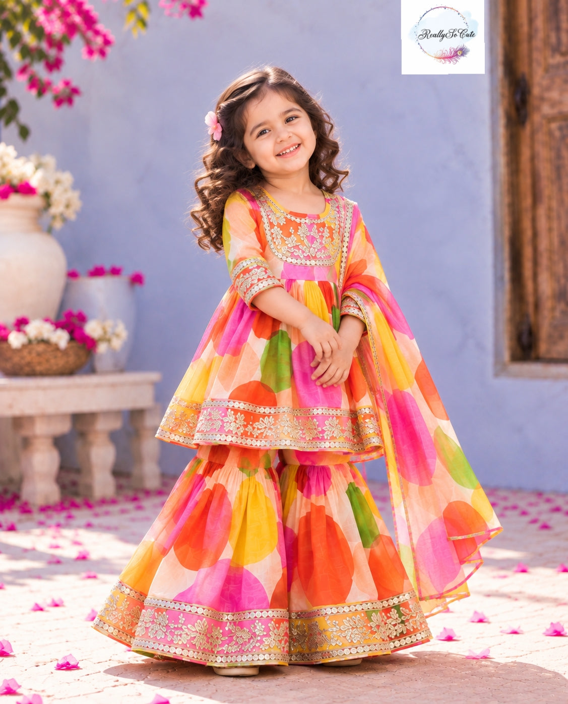 Girls Multicolor Printed Pure Cotton Sharara Set with Dupatta | Festive Ethnic Wear