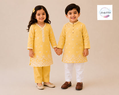 Buttercup Yellow Girls Kurta Sharara Set | Pure Cotton Festive Wear | Sibling Matching Outfit | 3M–15Y